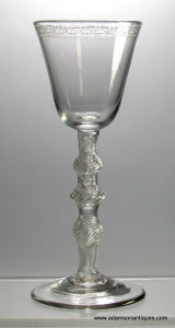 Large Three Knop Engraved Air Twist Wine Glass C 1750/55