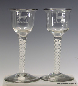 Engraved Pair Of Opaque Twist Wine Glasses C 1760/65